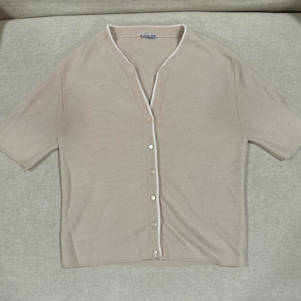 Short Sleeve Coquette Sweater Blouse with Pearl Buttons